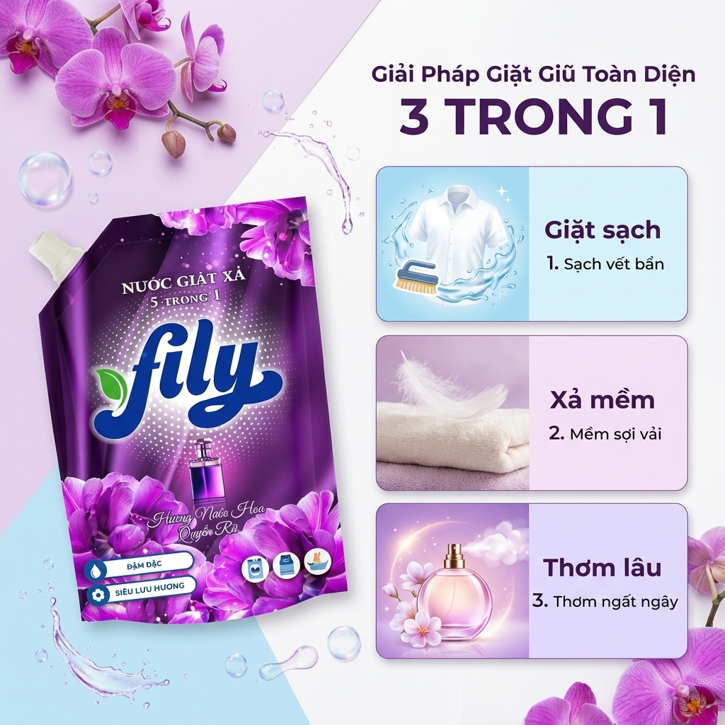 Nước Giặt Xả Hương Nước Hoa Tự Nhiên Dịu Nhẹ Fily Túi Nước Giặt Xả Tẩy Sạch Vết Bẩn Lưu Hương 72H