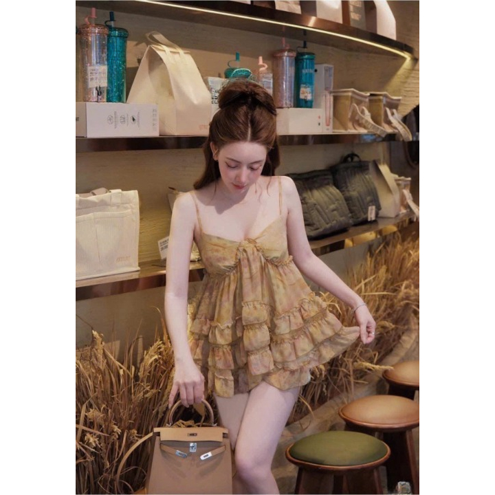 Đầm nữ, váy nữ DONNA HCOM26058 2 dây viền bèo tầng dáng babydoll xinh xắn, tiểu thư
