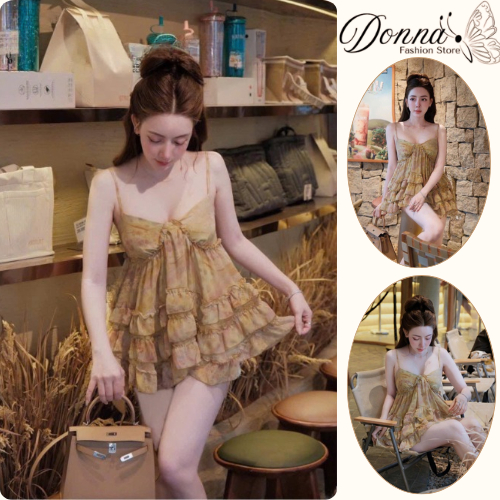 Đầm nữ, váy nữ DONNA HCOM26058 2 dây viền bèo tầng dáng babydoll xinh xắn, tiểu thư