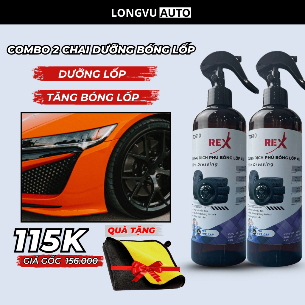 Chai xịt bảo dưỡng và phủ bóng lốp REX TD610 500ml  chống lão hoá và phục hồi màu đen lốp