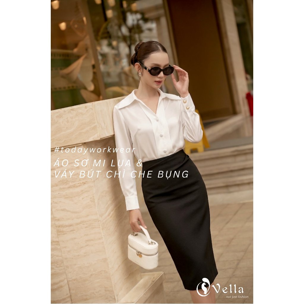 Chân váy bút chì công sở lưng cao xếp ly che bụng tôn dáng màu đen, trắng kem Vella Fashion VV25056