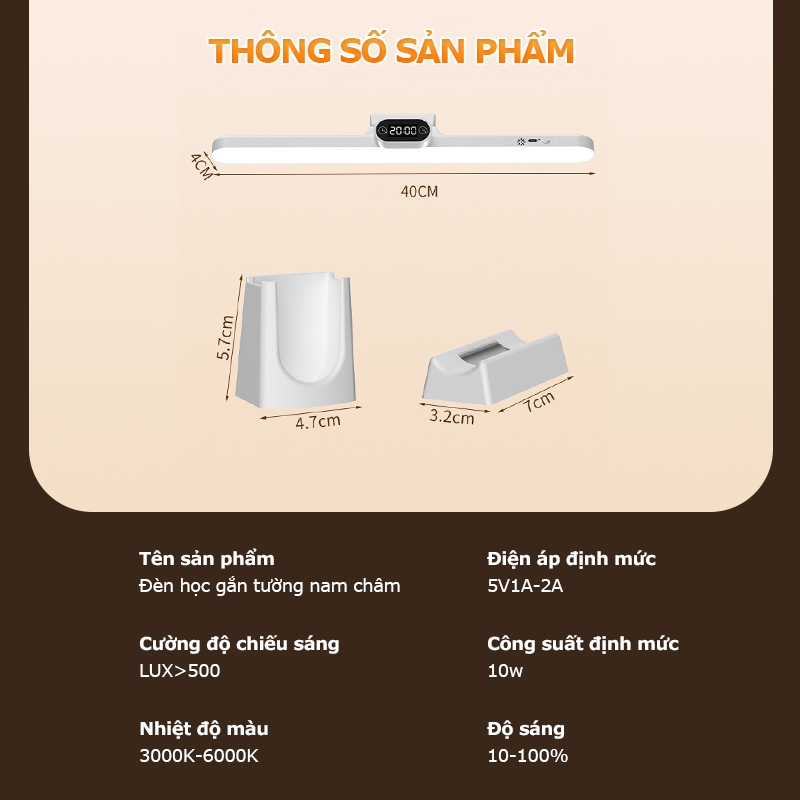 ONR Đèn Học LED Để Bàn Tích Điện Bảo Vệ Mắt ONR Đèn bàn học gắn tường 42cm chống cận 3 Màu Ánh Sáng Tăng Giảm Độ Sáng | BigBuy360 - bigbuy360.vn