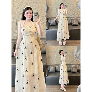 Đầm tơ xốp thời trang thiết kế nữ mặc đi chơi - đi dạo áo dây nhún eo váy dài xòe họa tiết in nhẹ nhàng