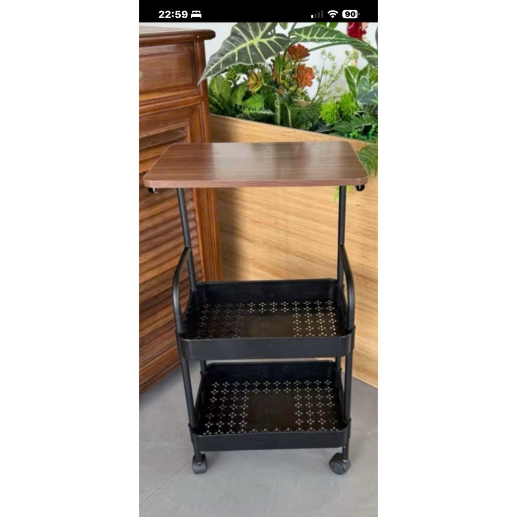 kệ sắt 3 tầng có bánh xe xoay 360 độ mặt gỗ chống nước để đồ tiện dụng 1038