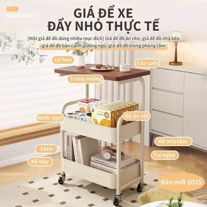 kệ sắt 3 tầng có bánh xe xoay 360 độ mặt gỗ chống nước để đồ tiện dụng 1038