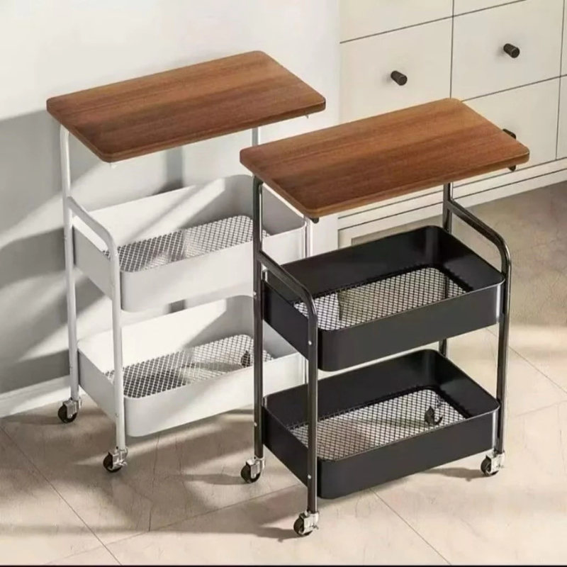 kệ sắt 3 tầng có bánh xe xoay 360 độ mặt gỗ chống nước để đồ tiện dụng 1038
