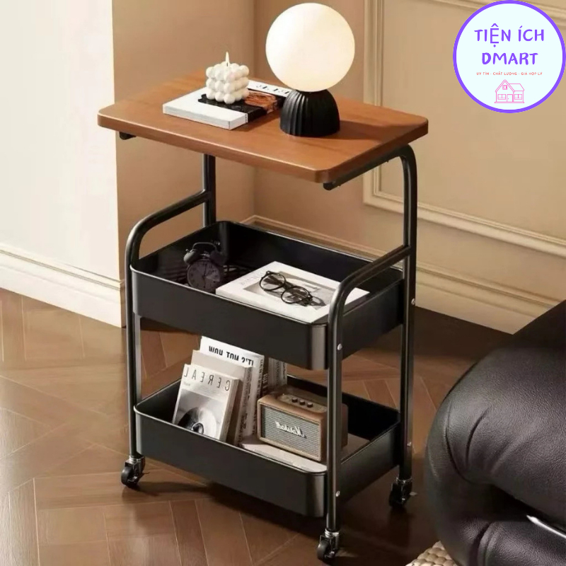 kệ để đồ 3 tầng có bánh xe khung thép chắc chắn mặt gỗ sang trọng đa năng 1038