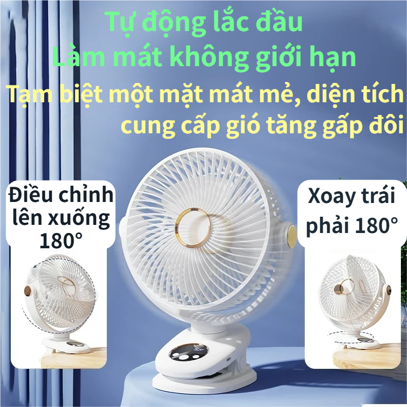 Quạt kẹp Q8, 8 inch, 5 cấp gió, có đèn đêm, sạc Type-C, 3 trong 1 (đặt/kẹp/treo), siêu yên tĩnh, pin lớn 15000-30000 mAh