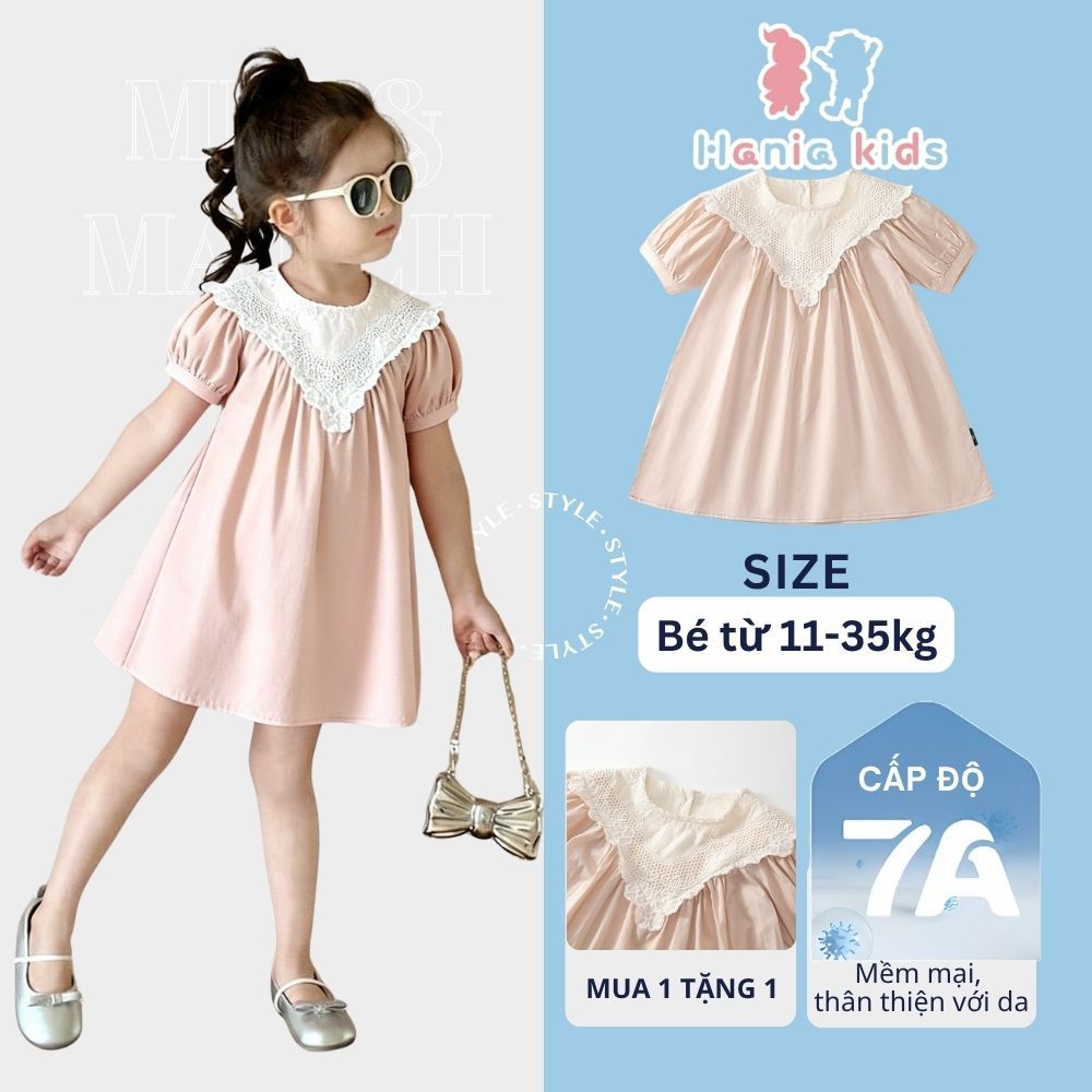 Váy Cho Bé Gái, Váy Bé Gái Thiết Kế Tiểu Thư Cổ Phối Ren Xinh Xắn Chất Liệu Cotton Mềm Mại