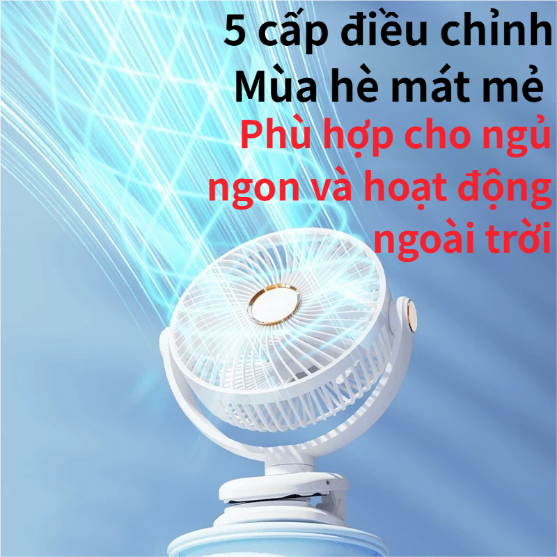 Quạt kẹp Q8, 8 inch, 5 cấp gió, có đèn đêm, sạc Type-C, 3 trong 1 (đặt/kẹp/treo), siêu yên tĩnh, pin lớn 15000-30000 mAh