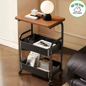 kệ sắt 3 tầng có bánh xe xoay 360 độ mặt gỗ chống nước để đồ tiện dụng 1038