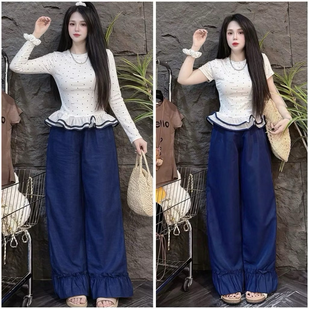 L561- Sét bộ nữ áo chấm bi cổ tròn phối bèo xòe kết hợp quần dài ống rộng viền bèo trẻ trung, dễ thương 38-56kg)