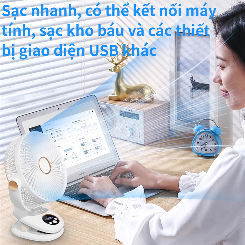 Quạt kẹp Q8, 8 inch, 5 cấp gió, có đèn đêm, sạc Type-C, 3 trong 1 (đặt/kẹp/treo), siêu yên tĩnh, pin lớn 15000-30000 mAh