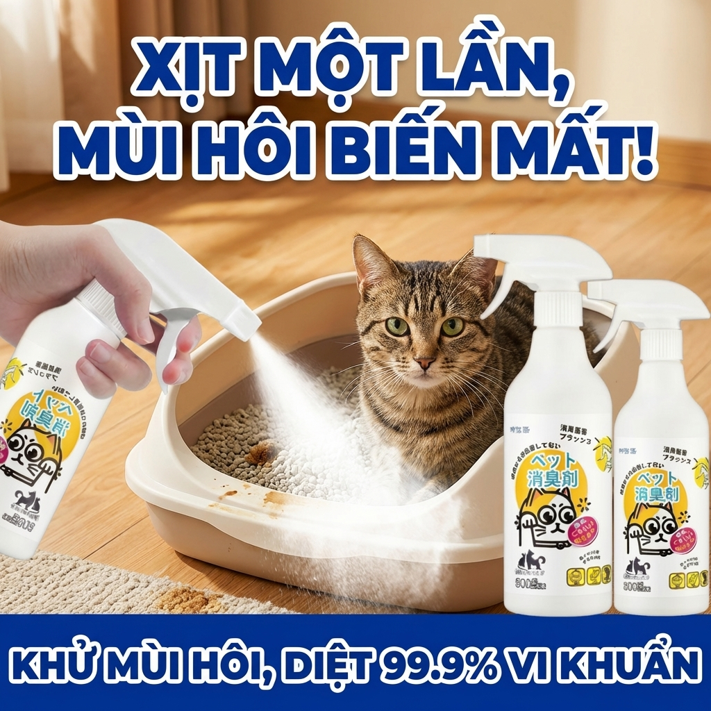 🐾 Khử mùi & ngăn vi khuẩn 🐾 Xịt khử mùi mèo, chó, cát vệ sinh – Khử mùi thú cưng, diệt 99.9% vi khuẩn