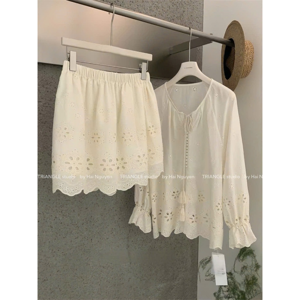 TRIANGLE - Sunny Set (chuẩn QC) (Cân nhắc kỹ, return is not welcomed) - Set boi thêu áo và chân váy ngắn style thanh lịc
