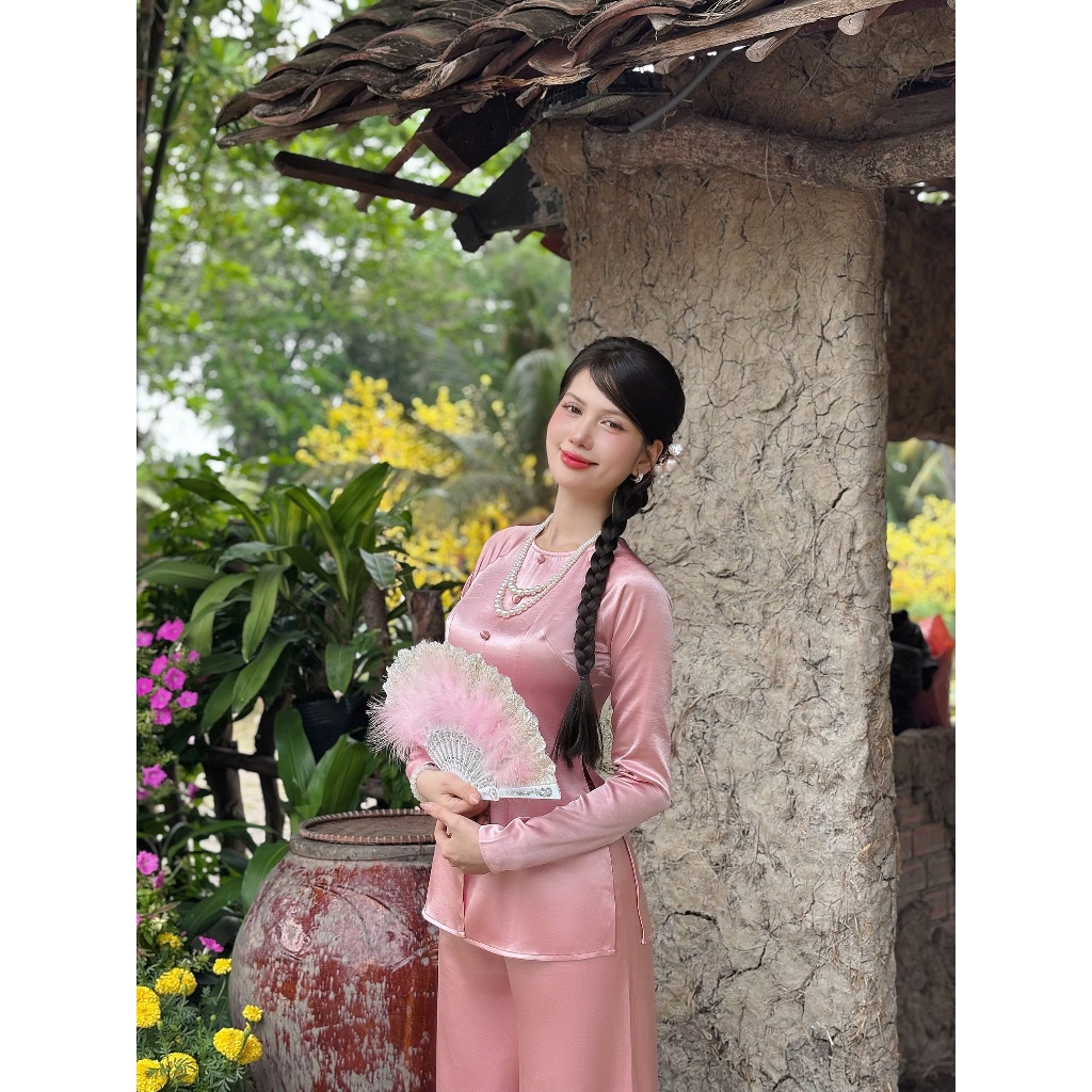 Hân Nguyễn Áo Bà Ba - B.A180 - Bộ Bà Ba Lụa Valentinoo Châu Sa Cao Cấp Cổ Tròn Nút Nụ Dây Kéo ( Quần CÙNG CHẤT )