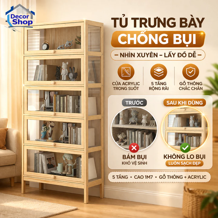 Tủ để sách gỗ thông cửa trong 1m4 1m7 - Tủ đựng đồ phòng khách, Kệ để đồ mô hình trưng bày decor phòng khách đẹp