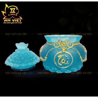 Hũ Đựng Muối Gạo Nước Lưu Ly Mờ - Bộ Đại Bi Tài Lộc - Cao 8cm - Màu Xanh Dương