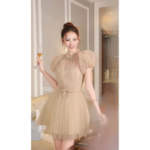 Đầm lưới xoè tay bồng đính đá eo nơ