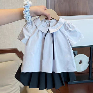 Set áo babydoll phối nơ kèm chân váy xếp ly cho bé gái