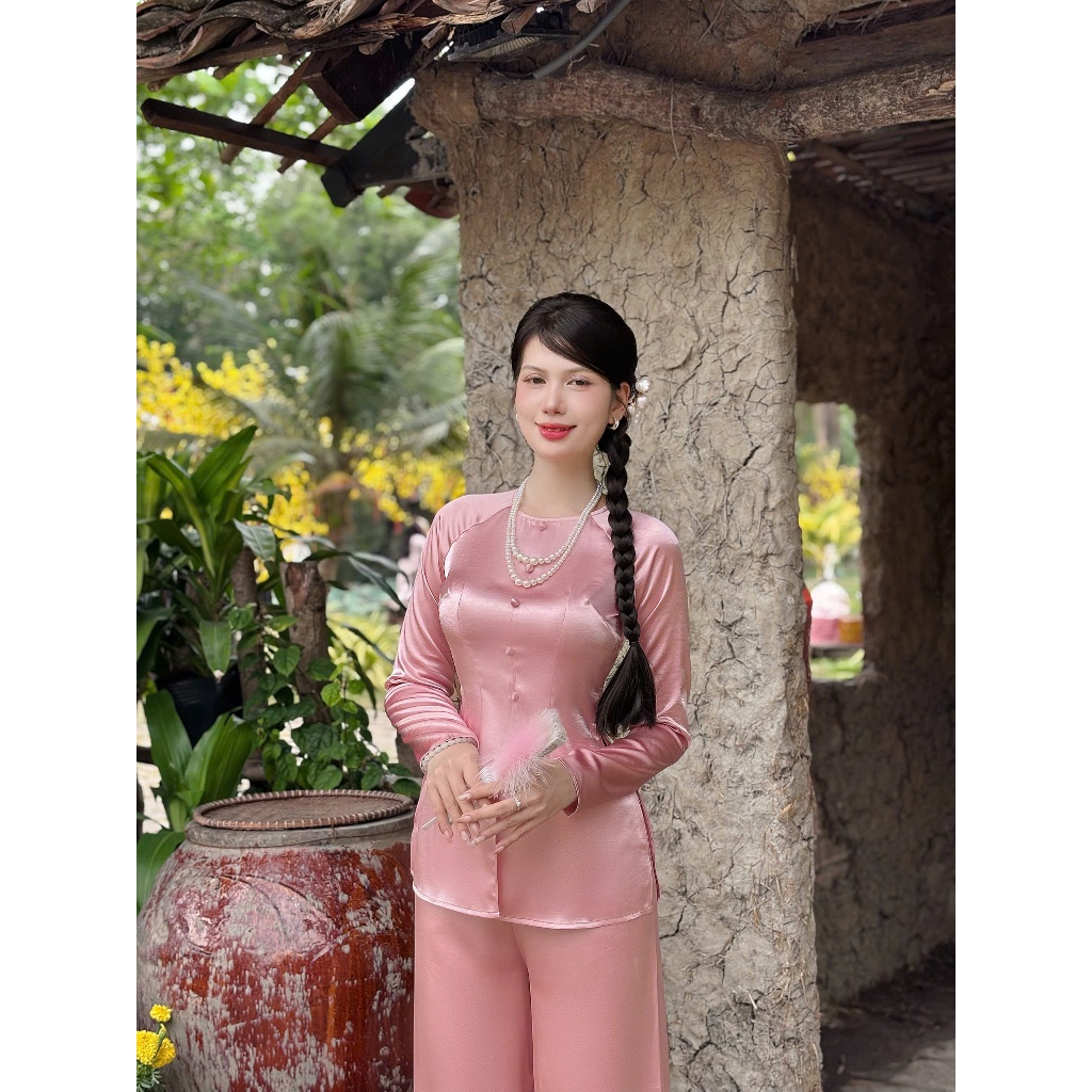 Hân Nguyễn Áo Bà Ba - B.A180 - Bộ Bà Ba Lụa Valentinoo Châu Sa Cao Cấp Cổ Tròn Nút Nụ Dây Kéo ( Quần CÙNG CHẤT )