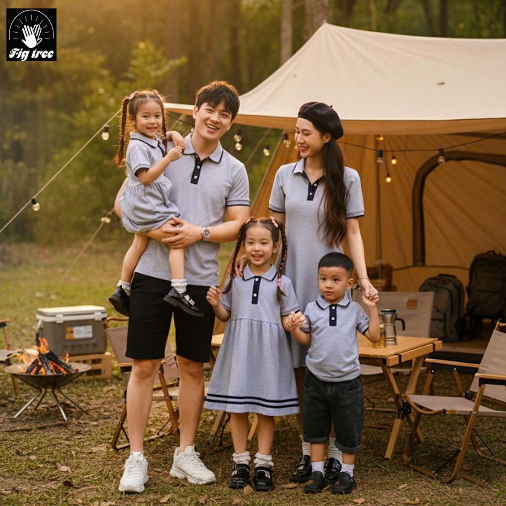 Áo Gia Đình Fig Tree Thun Polo Màu Xám Ghi Phối Viền Model, Áo Nam Váy Nữ, Vải Cá Sấu Dày Dặn