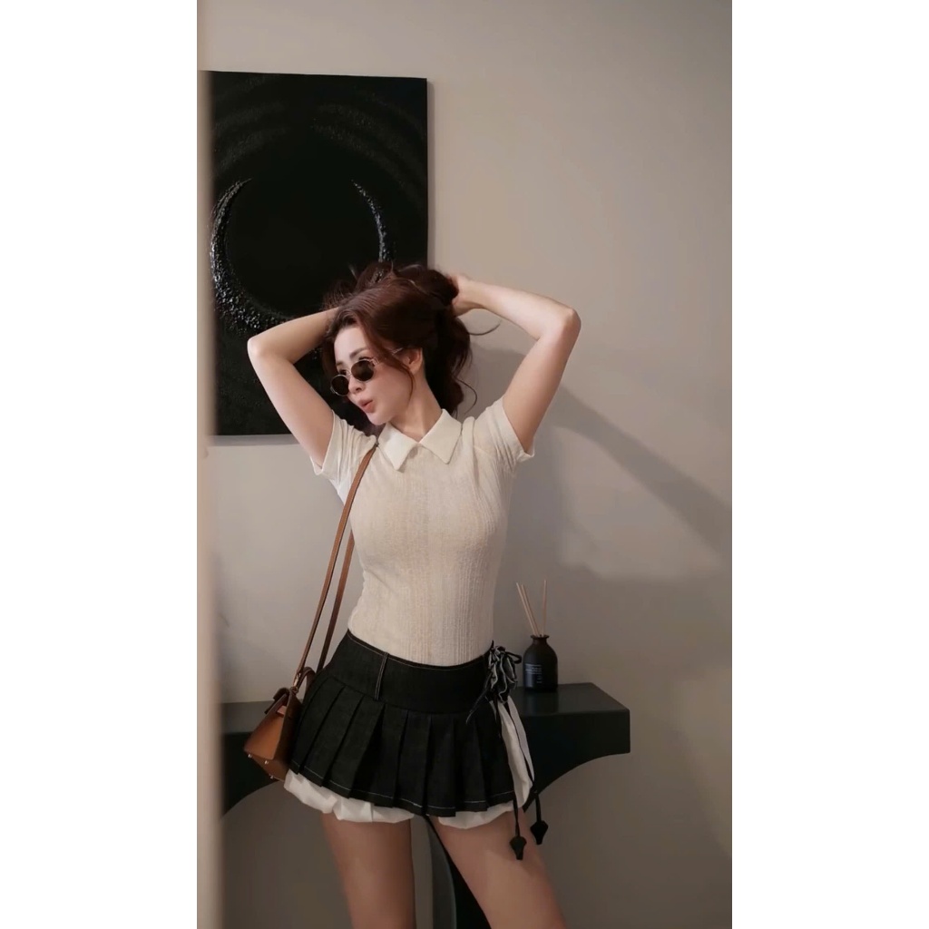 ZIMM STORE-Bộ quần áo nữ đi chơi áo thun polo cổ sơ mi mix chân váy xếp ly bồng bềnh