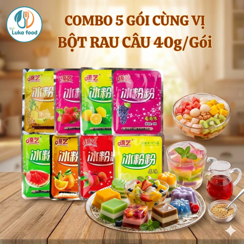 [Combo 5 Gói] Bột rau câu Thạch Trái Cây Nhiều Vị (40g/gói) - Thạch Dai Giòn, Thơm Mát, Đủ Vị Trái Cây Tự Nhiên