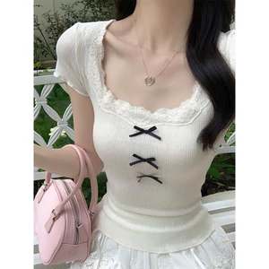 Ao thun ngắn tay cổ vuông phối ren nơ ôm body dễ thương cho nữ XIMIMI SP455
