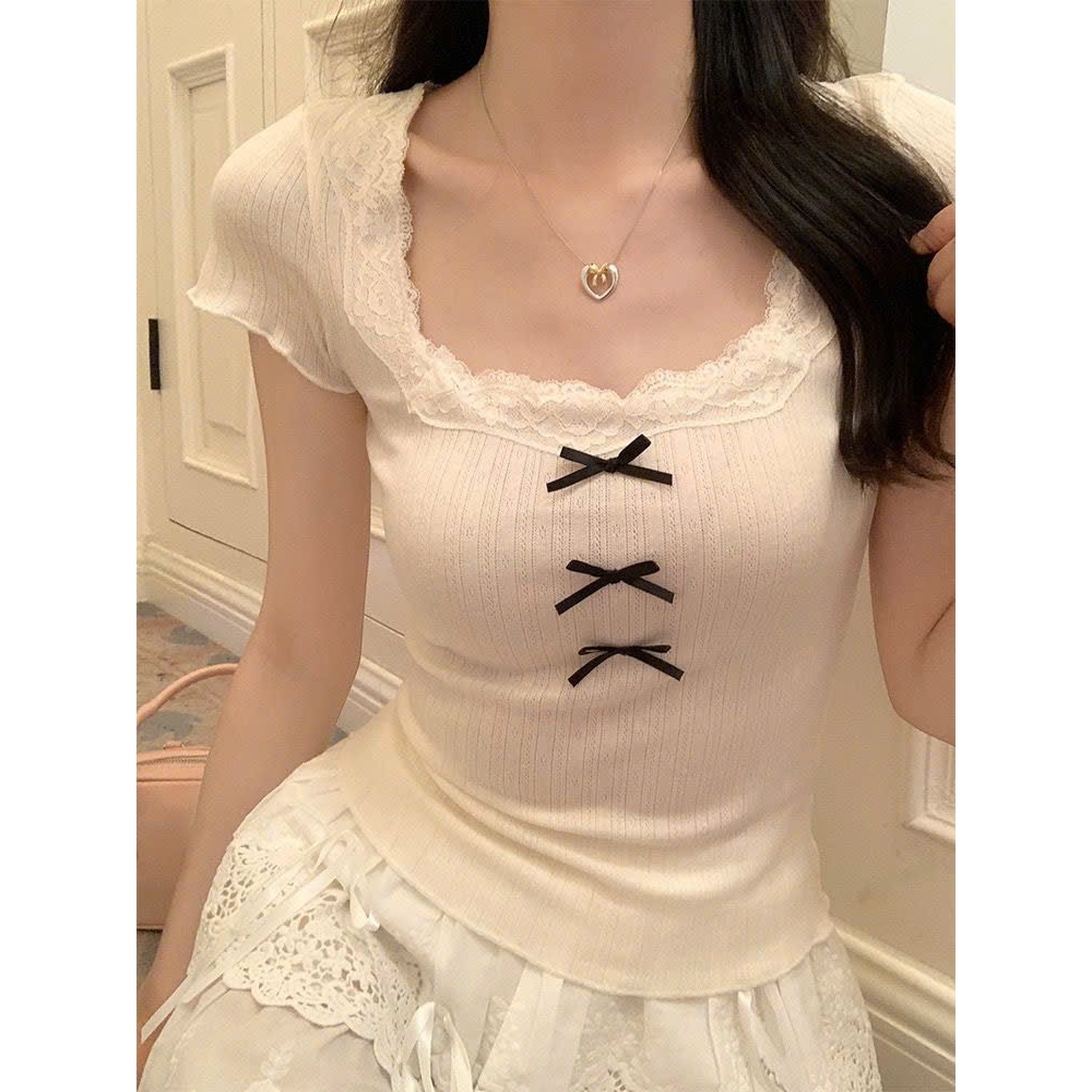 (HÀNG QCCC) Ao thun ngắn tay cổ vuông phối ren nơ ôm body dễ thương cho nữ XIMIMI SP455