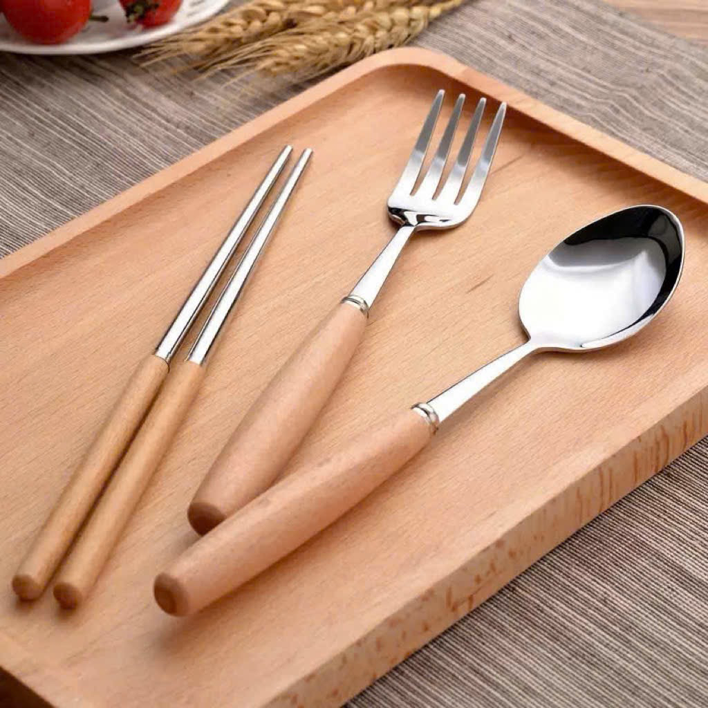 Bộ muỗng đũa nĩa inox cán gỗ kèm hộp đựng lúa mạch