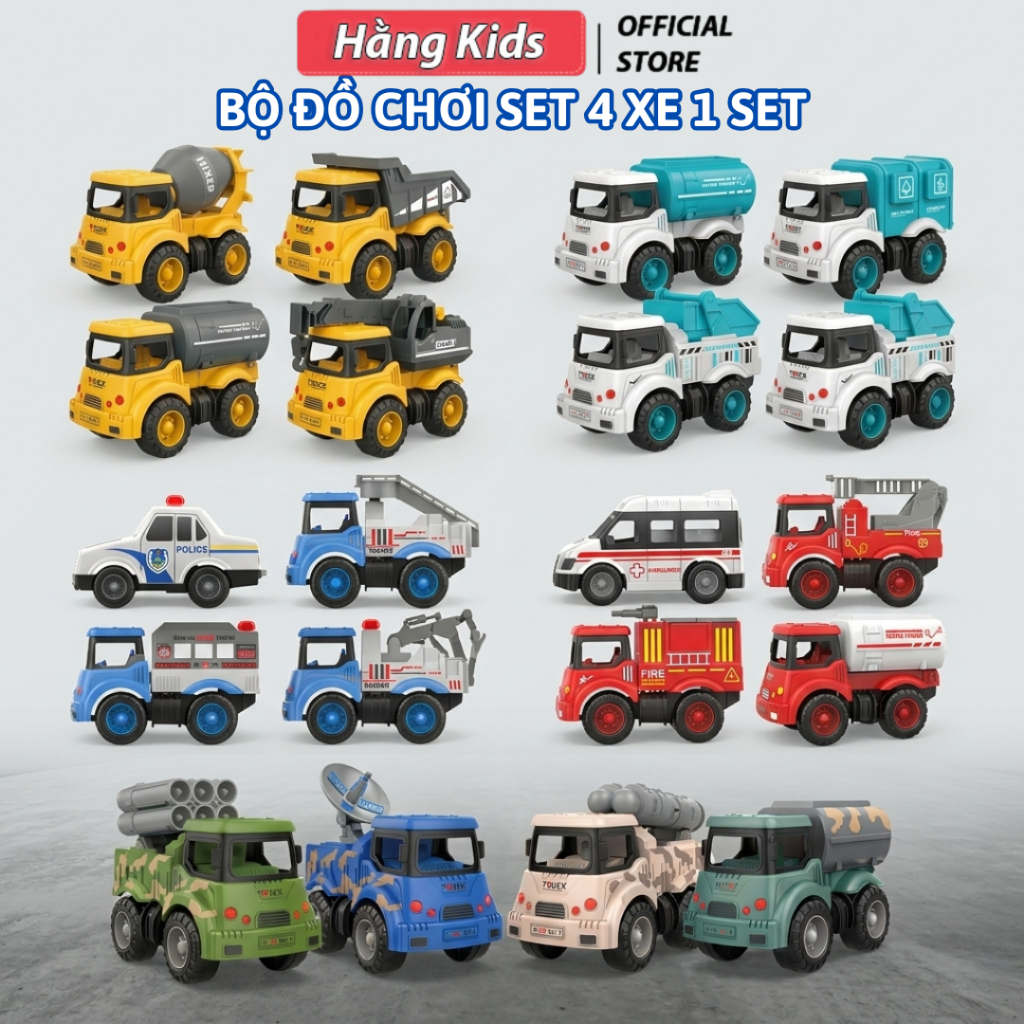 Bộ 4 xe đồ chơi cho bé – Xe công trình, cứu hỏa, cảnh sát, chạy cót