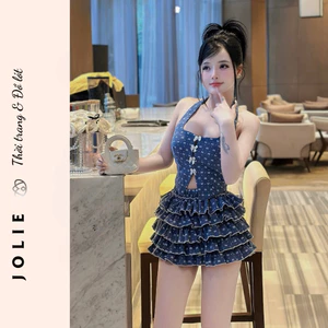 Set Denim Nữ JOLIE Họa Tiết Nơ – Áo Cổ Yếm Mix Chân Váy Tầng Bèo Nhún Siêu Xinh