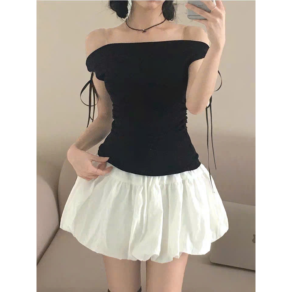 Áo Thun Trễ Vai Ngắn Tay Hai Lớp Ngực Viền Ren RANSHI Phối Nơ Ôm Dáng Tiểu Thư Chất Thun Cotton Mềm Mịn Co Dãn - RA355
