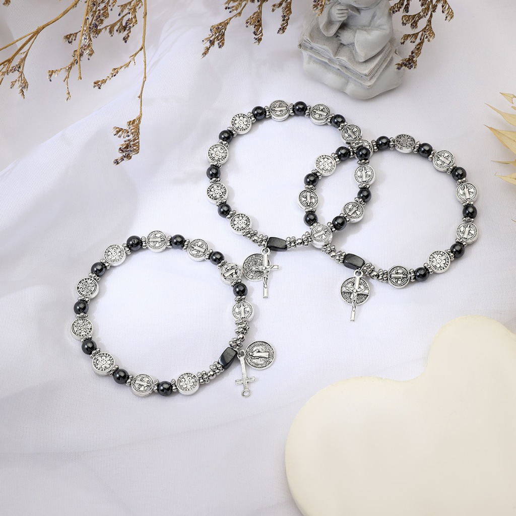 Vòng Tay Mân Côi Công Giáo Đá Đen – Hạt Chúa Chiên Lành – Thánh Giá Hợp Kim