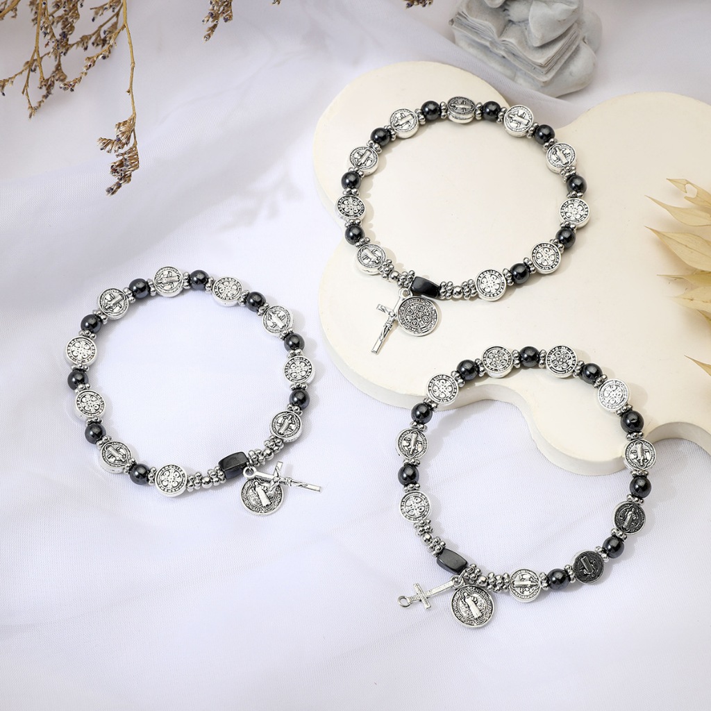 Vòng Tay Mân Côi Công Giáo Đá Đen – Hạt Chúa Chiên Lành – Thánh Giá Hợp Kim