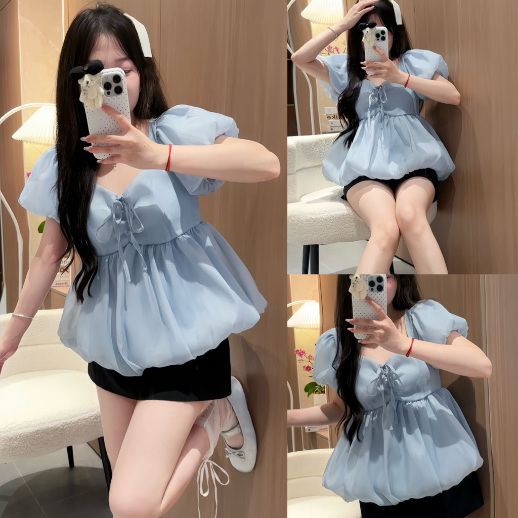 Áo Babydoll Kiểu Nữ Tay Bồng Có Dây Nơ Ngực Dáng Bí Bồng Xoè Công Chúa Tiểu Thư Dilyshop - A141