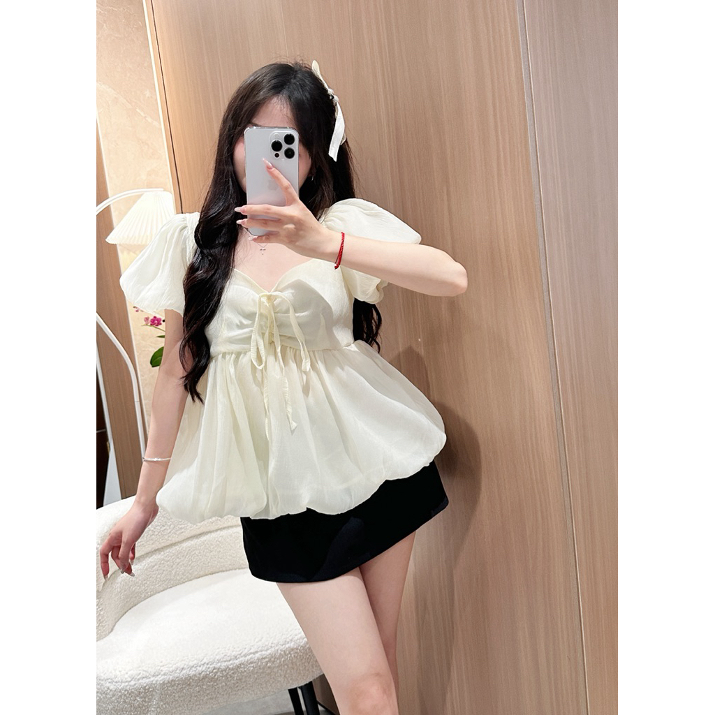 Áo Babydoll Kiểu Nữ Tay Bồng Có Dây Nơ Ngực Dáng Bí Bồng Xoè Công Chúa Tiểu Thư Dilyshop - A141