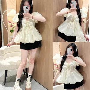 Áo Babydoll Kiểu Nữ Tay Bồng Có Dây Nơ Ngực Dáng Bí Bồng Xoè Công Chúa Tiểu Thư Dilyshop - A141