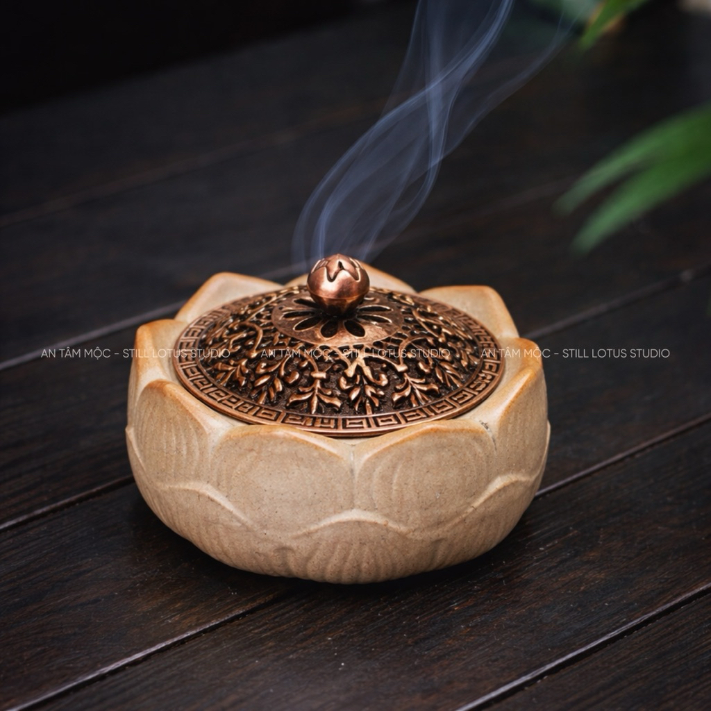 Lư xông trầm hoa sen, Lư gốm xông trầm thủ công dùng để đốt nụ trầm hương, bột trầm hương, nhang vòng, Decor Phật Giáo