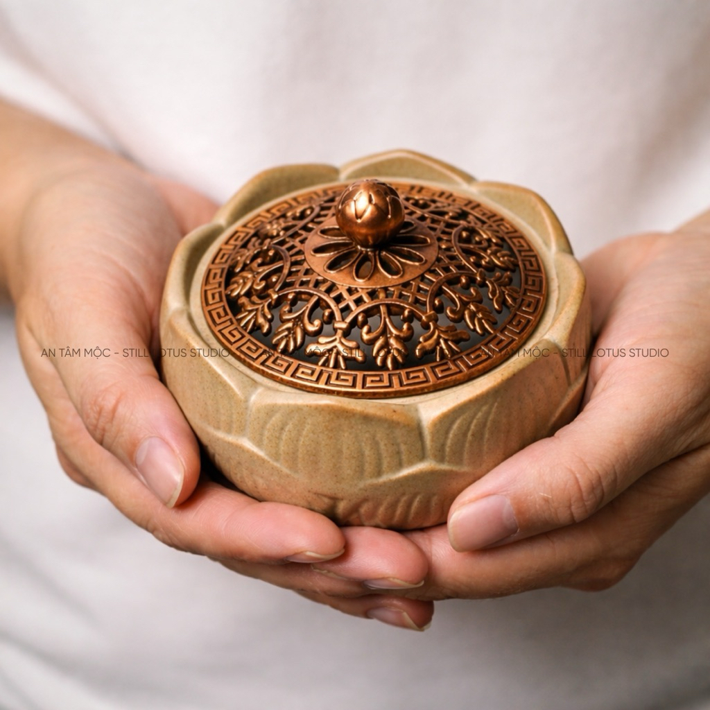 Lư xông trầm hoa sen, Lư gốm xông trầm thủ công dùng để đốt nụ trầm hương, bột trầm hương, nhang vòng, Decor Phật Giáo