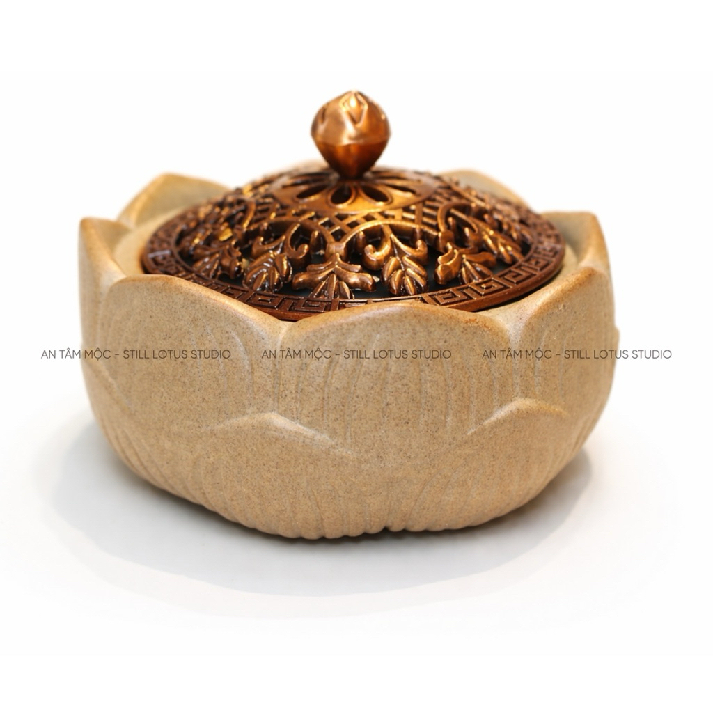 Lư xông trầm hoa sen, Lư gốm xông trầm thủ công dùng để đốt nụ trầm hương, bột trầm hương, nhang vòng, Decor Phật Giáo