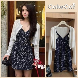Set Váy 2 Dây Samy Hoa Nhí Cổ Chất Voan Kèm Áo Cardigan Trắng Siêu Xinh Mặc Đi chơi Cakecat