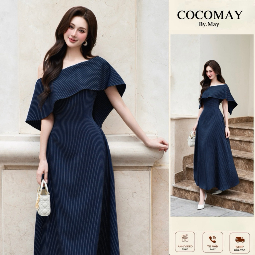 COCOMAY Navy Chic Dress Đầm lệch vai sọc kẻ xanh Midi | Shopee Việt Nam