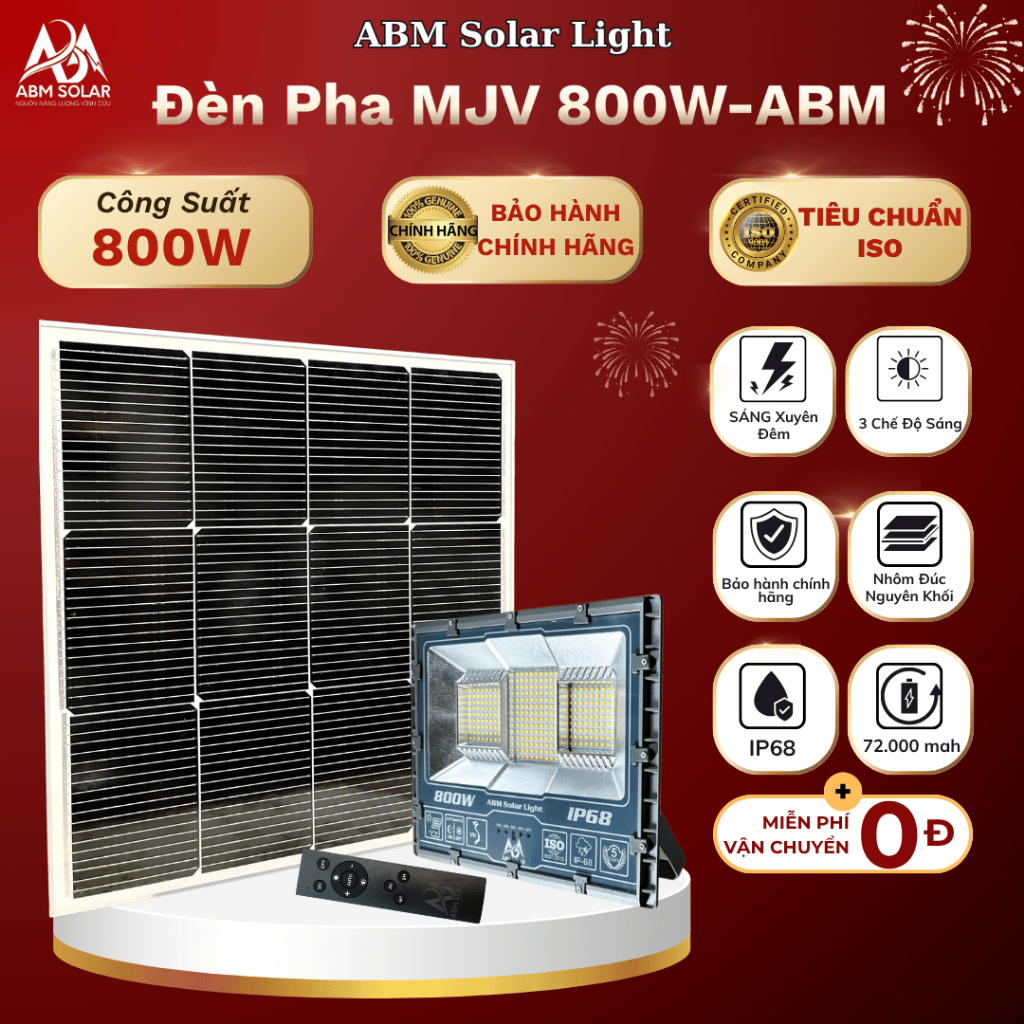 [800W] Đèn Năng Lượng Mặt Trời Nhôm Đúc Nguyên Khối , Đổi 3 màu ánh sáng , Công Suất 800W ABM SOLAR