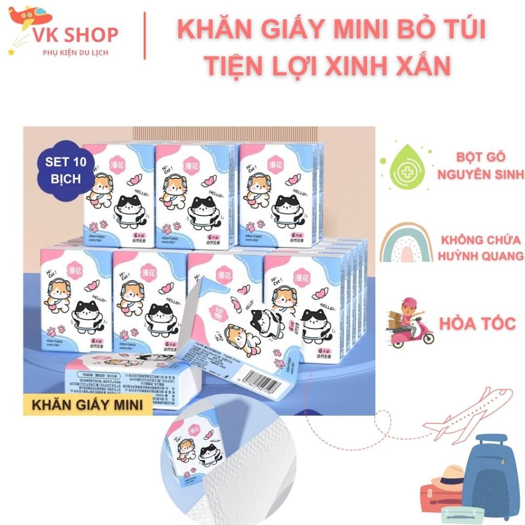 Set 10 Bịch Khăn Giấy Mini Bỏ Túi Cao Cấp – Khăn Giấy Tiện Lợi, Nhỏ Gọn, Sạch Khuẩn, Dùng Du Lịch, Công Tác, Học Sinh, V