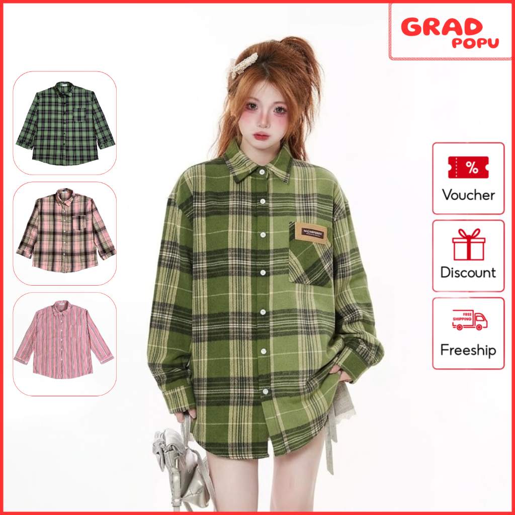 Áo sơ mi nữ GRADPOPU dài tay sọc xanh phong cách ulzzang mới khoác ngoài form rộng chống nắng SM74