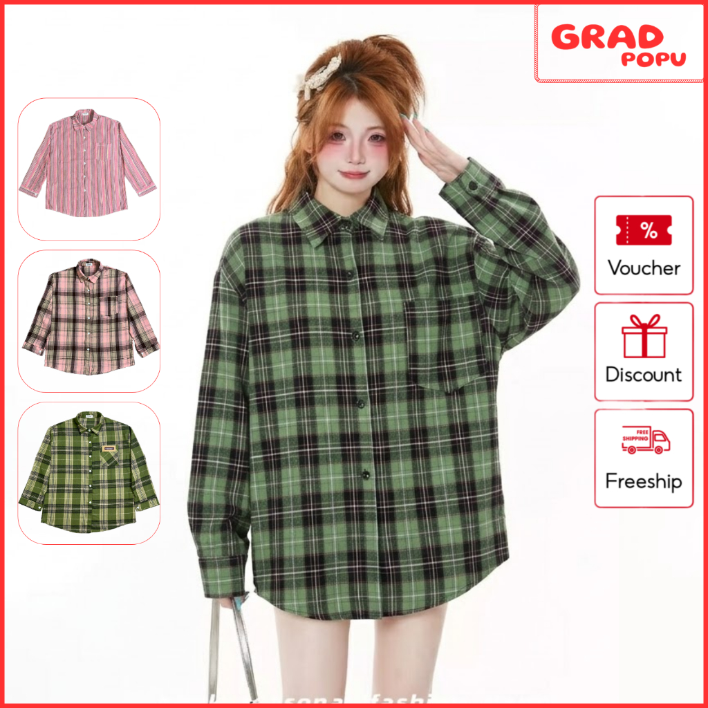 Áo sơ mi nữ GRADPOPU dài tay dáng rộng kẻ sọc caro màu xanh khoác ngoài chống nắng hàng ngày SM75