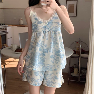 Set Bộ Nữ Hai Dây Phối Ren Họa Tiết Xanh Dáng Suông