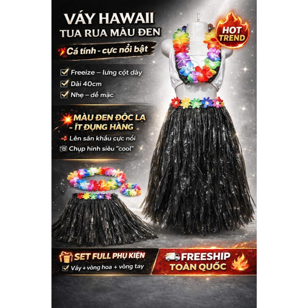 Váy Hawaii Tua Rua Màu Đen - Trang Phục Biểu Diễn , Chụp Ảnh , Đi Biển